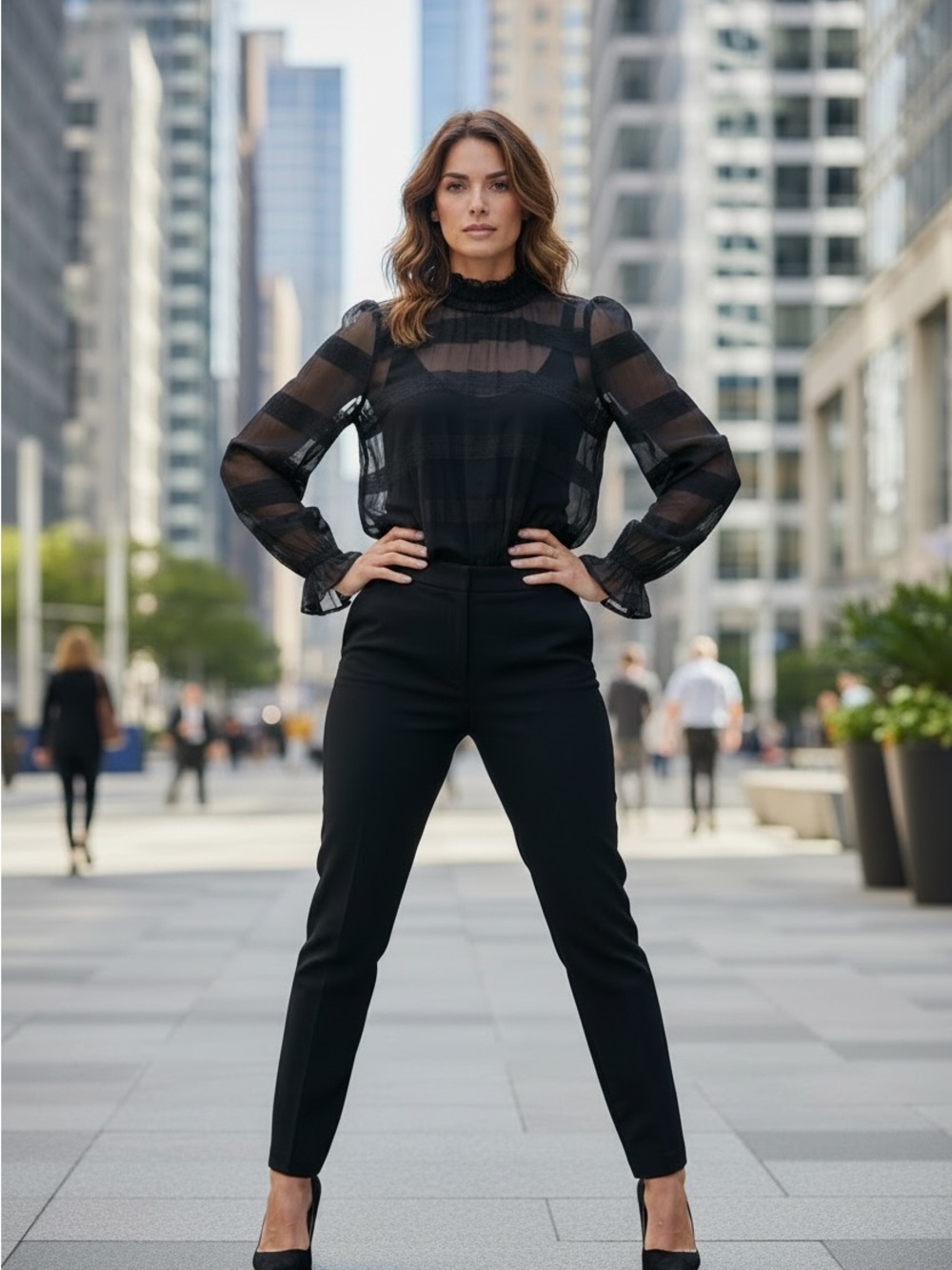 Sheer Black Striped Ruffle-Neck Blouse